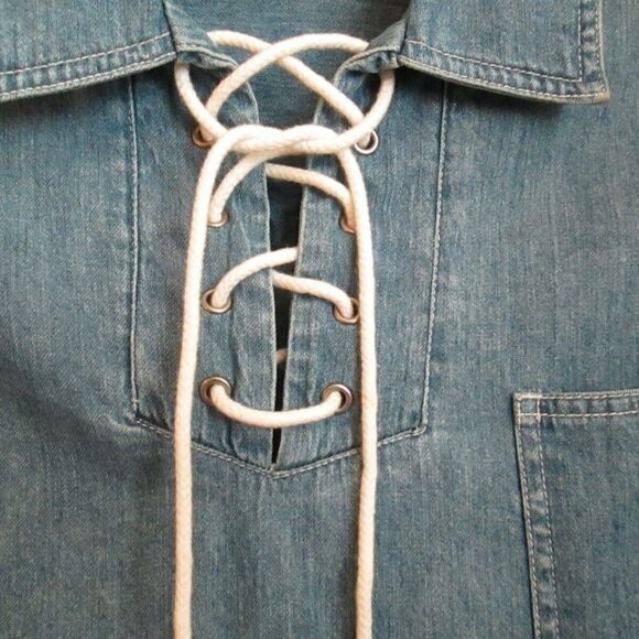 Lizwear Liz Claiborne Blue Tie Neck Denim Blouse Top - Picture 3 of 7